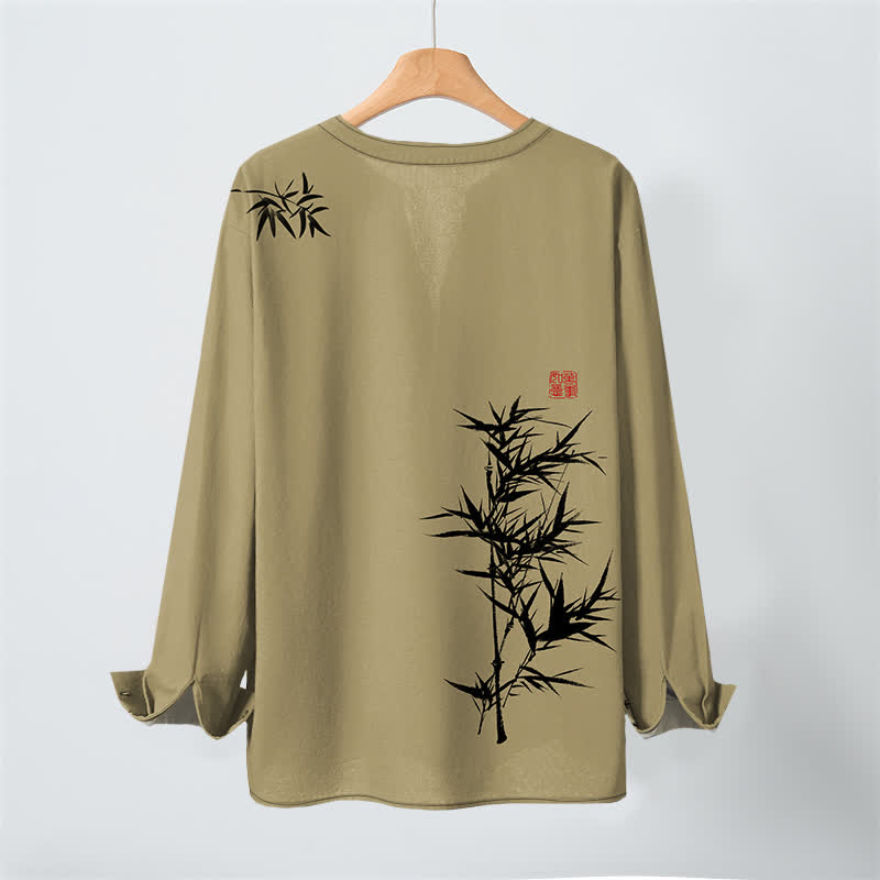Buddha Stones Camisas de manga larga para hombre con cuello en V y botones, estampado de bambú y tinta de algodón. - image 3