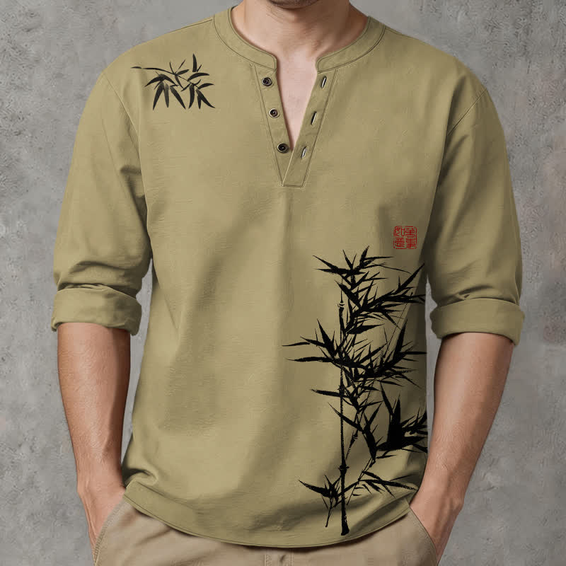 Buddha Stones Camisas de manga larga para hombre con cuello en V y botones, estampado de bambú y tinta de algodón. - Caqui oscuro - US/UK/AU48, UE58 (4XL) - image 0