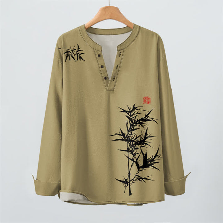 Buddha Stones Camisas de manga larga para hombre con cuello en V y botones, estampado de bambú y tinta de algodón. - image 2
