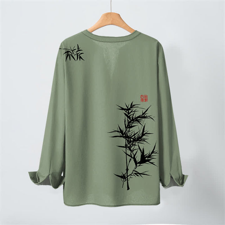 Buddha Stones Camisas de manga larga para hombre con cuello en V y botones, estampado de bambú y tinta de algodón. - image 10