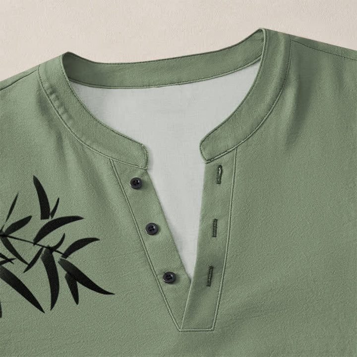 Buddha Stones Camisas de manga larga para hombre con cuello en V y botones, estampado de bambú y tinta de algodón. - image 11