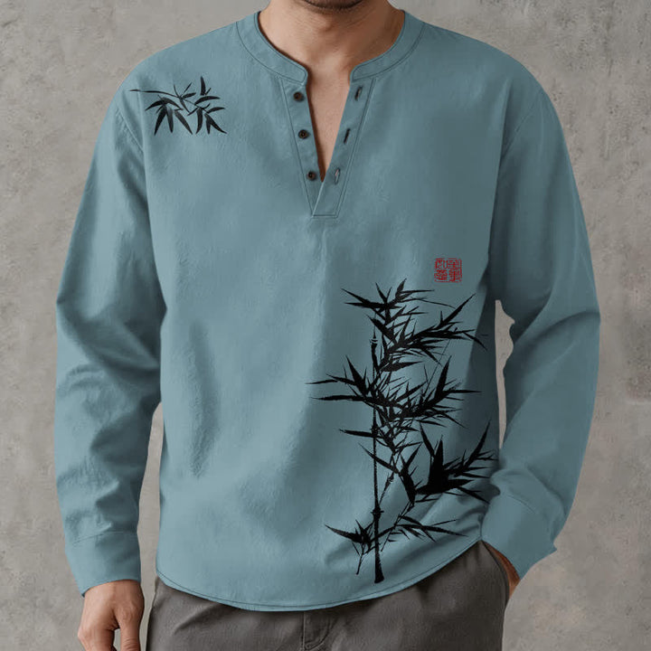 Buddha Stones Camisas de manga larga para hombre con cuello en V y botones, estampado de bambú y tinta de algodón. - image 15