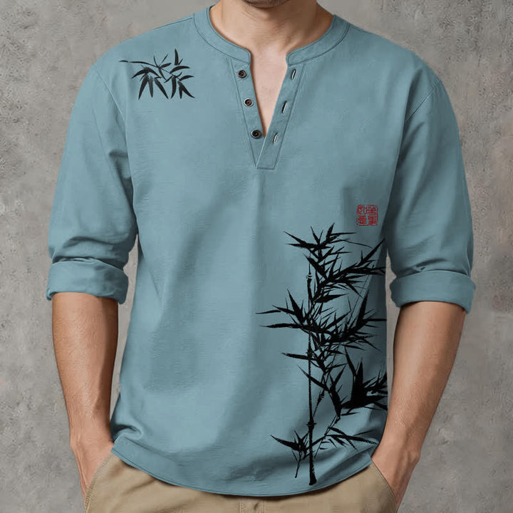 Buddha Stones Camisas de manga larga para hombre con cuello en V y botones, estampado de bambú y tinta de algodón. - Azul cadete - US/UK/AU48, UE58 (4XL) - image 14
