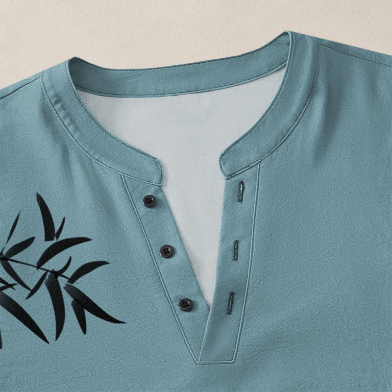 Buddha Stones Camisas de manga larga para hombre con cuello en V y botones, estampado de bambú y tinta de algodón. - image 18