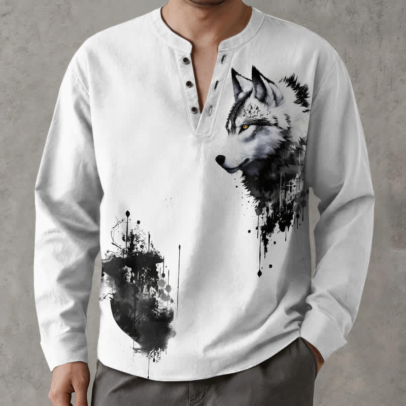 Buddha Stones Camisas de manga larga para hombre con cuello en V y botones, estampadas con cabeza de lobo y tinta de algodón. - image 1