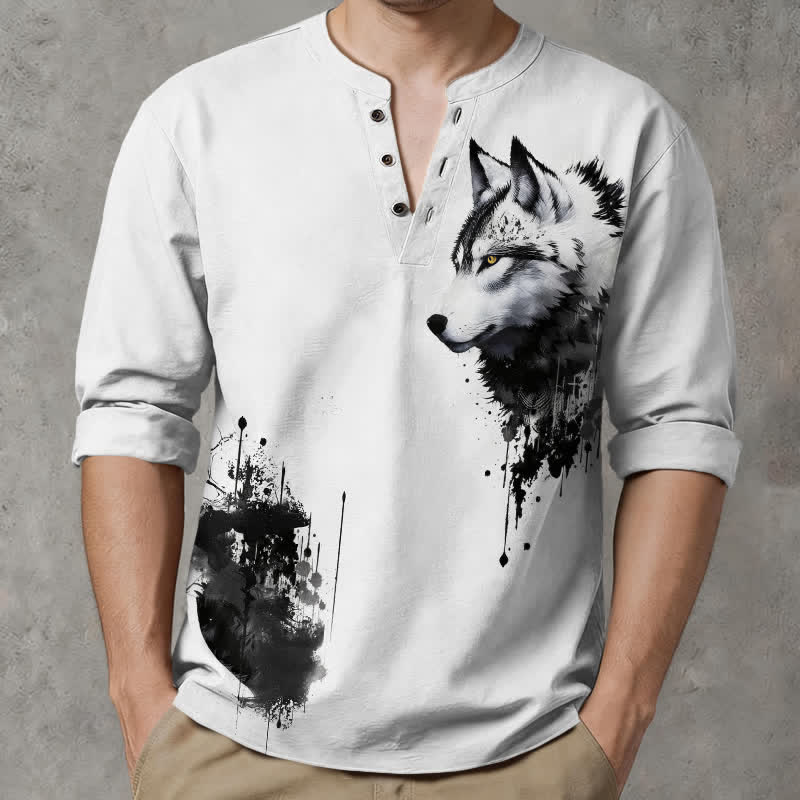 Buddha Stones Camisas de manga larga para hombre con cuello en V y botones, estampadas con cabeza de lobo y tinta de algodón. - Humo blanco - US/UK/AU48, UE58 (4XL) - image 0