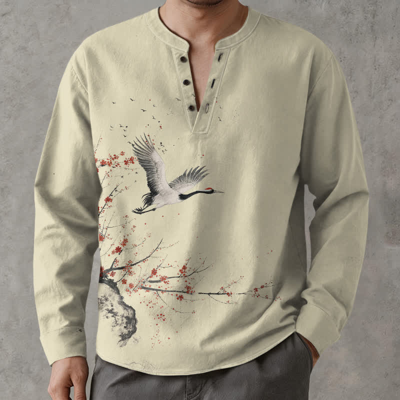 Buddha Stones Camisas de manga larga para hombre con cuello en V y botones, con estampado de grullas y flores de Cotton Ink. - Lino - US/UK/AU48, UE58 (4XL) - image 0