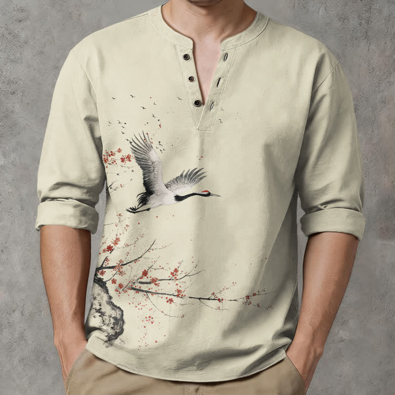 Buddha Stones Camisas de manga larga para hombre con cuello en V y botones, con estampado de grullas y flores de Cotton Ink. - image 1