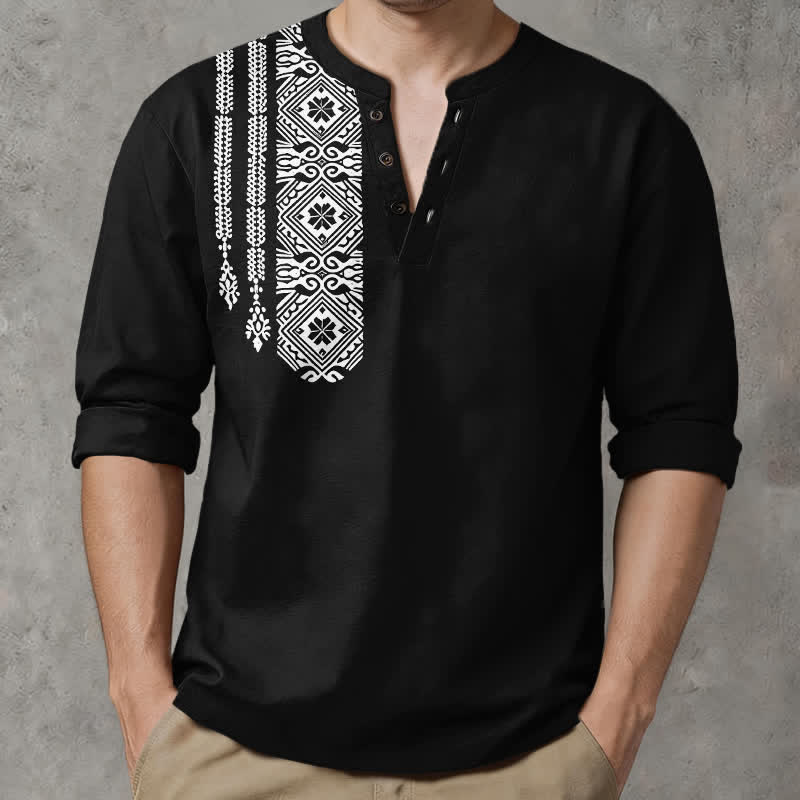 Buddha Stones Camisas de manga larga para hombre de algodón con cuello en V, estampado geométrico cuadrado tribal y botones. - image 0