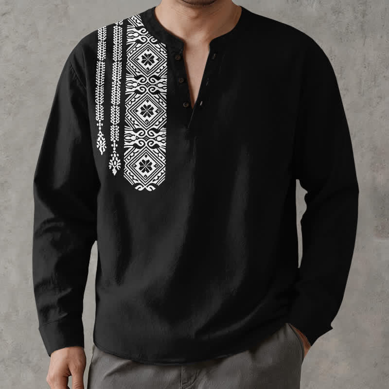 Buddha Stones Camisas de manga larga para hombre de algodón con cuello en V, estampado geométrico cuadrado tribal y botones. - Negro - US/UK/AU48, UE58 (4XL) - image 1