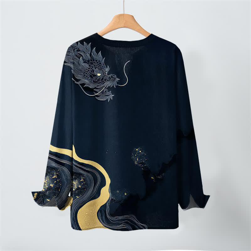 Buddha Stones Camisas de manga larga para hombre de algodón con cuello en V y estampado de dragón vintage. - image 17