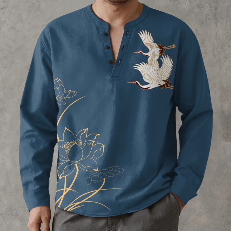 Buddha Stones Camisas de manga larga para hombre con cuello en V y botones, con estampado de grullas y lotos de algodón. - Azul acero - US/UK/AU48, UE58 (4XL) - image 0