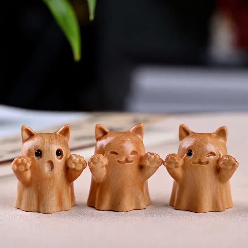 Buddha Stones Gato guiñando un ojo, decoración de animales adorables para sanación, tallado en madera de pino. - image 0