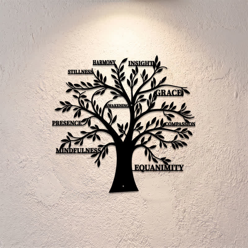 Buddha Stones Árbol de la Vida en negro mate, palabras de sanación y atención plena, arte de pared en metal de hierro con símbolos significativos - image 0