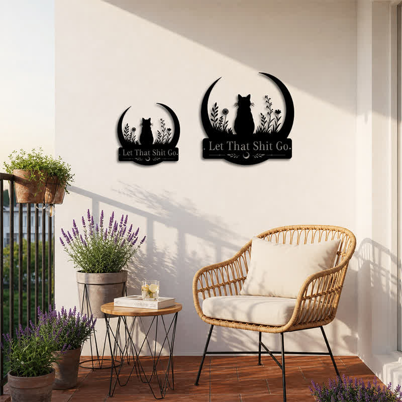 Buddha Stones Gato de luna creciente "Deja ir esa mierda" Decoración de pared de metal de hierro - image 9
