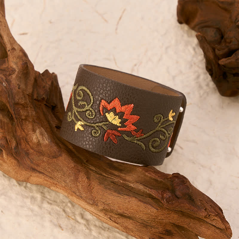 Buddha Stones Pulsera de protección de cuero con hebilla ajustable y bordado floral - image 3