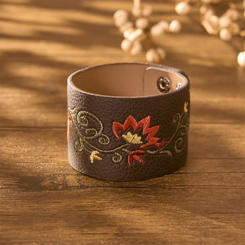 Buddha Stones Pulsera de protección de cuero con hebilla ajustable y bordado floral - image 2