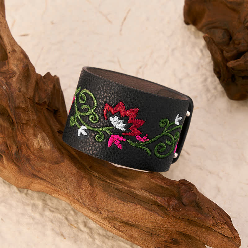 Buddha Stones Pulsera de protección de cuero con hebilla ajustable y bordado floral - image 11