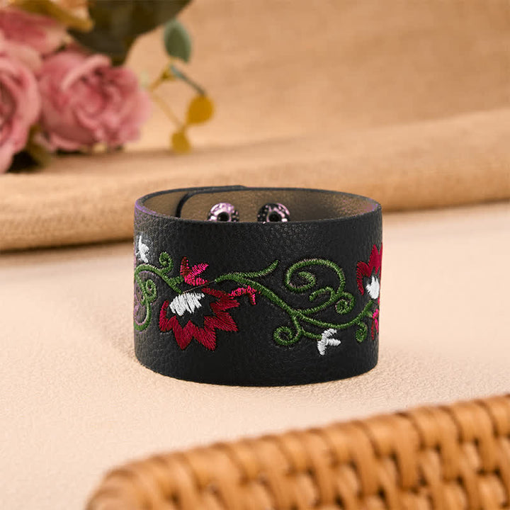 Buddha Stones Pulsera de protección de cuero con hebilla ajustable y bordado floral - Negro (Circunferencia de la muñeca: aprox. 5,9–6,7 pulgadas / 15–17 cm) - image 8