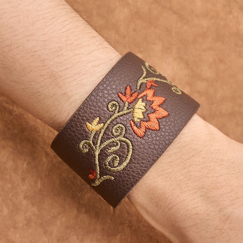 Buddha Stones Pulsera de protección de cuero con hebilla ajustable y bordado floral - image 4