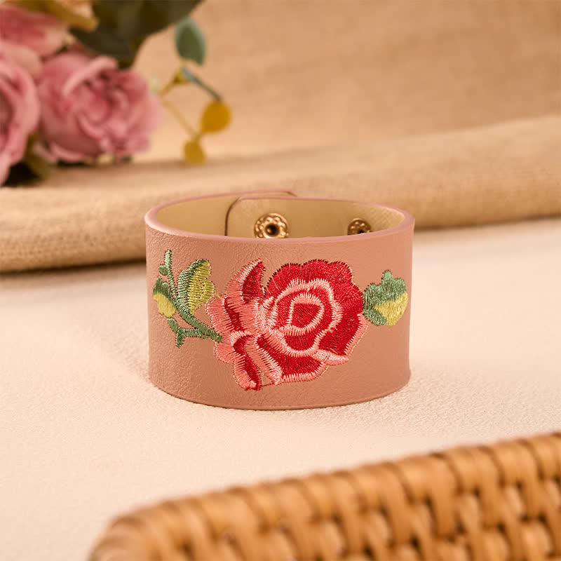 Buddha Stones Pulsera ancha de cuero con hebilla protectora bordada con rosas - Rosa empolvado (circunferencia de la muñeca: aprox. 15-18 cm) - image 14