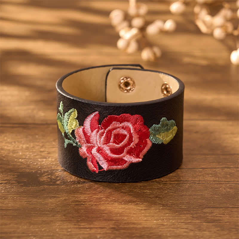 Buddha Stones Pulsera ancha de cuero con hebilla protectora bordada con rosas - image 1