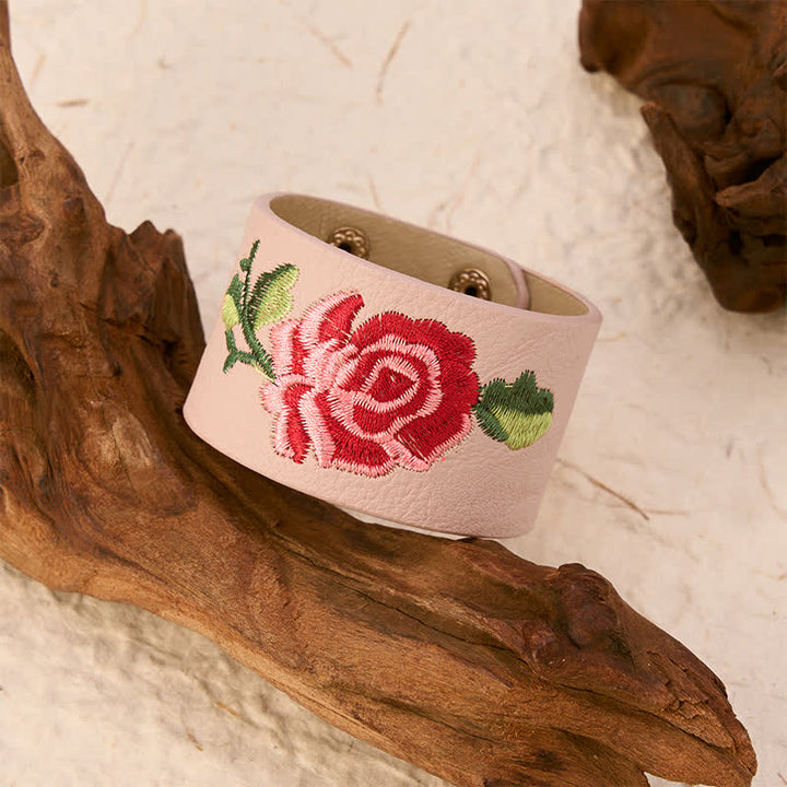 Buddha Stones Pulsera ancha de cuero con hebilla protectora bordada con rosas - image 10