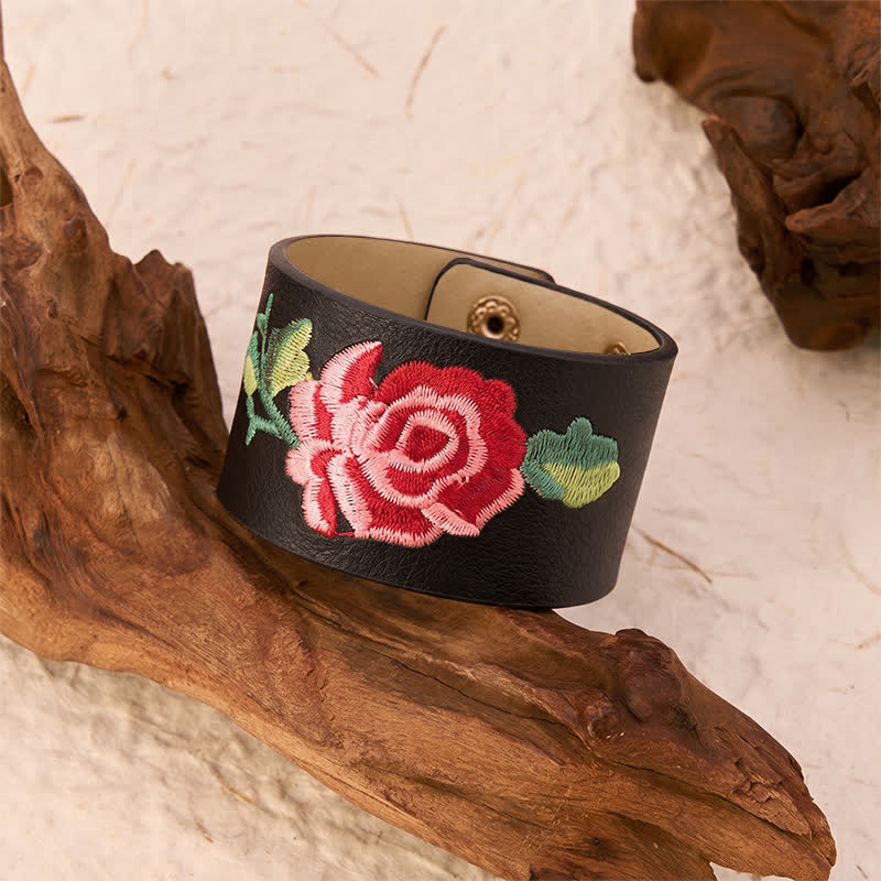 Buddha Stones Pulsera ancha de cuero con hebilla protectora bordada con rosas - image 3