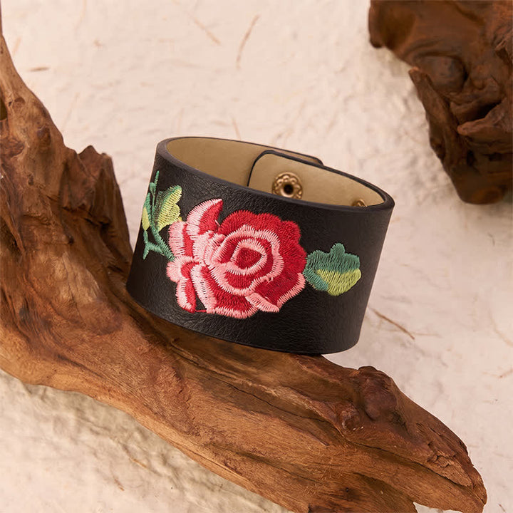 Buddha Stones Pulsera ancha de cuero con hebilla protectora bordada con rosas - image 3