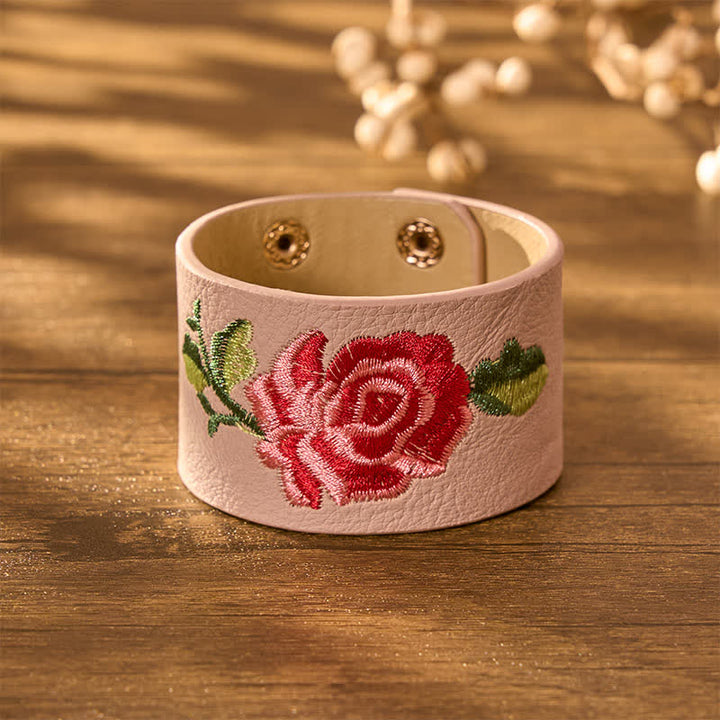 Buddha Stones Pulsera ancha de cuero con hebilla protectora bordada con rosas - image 8