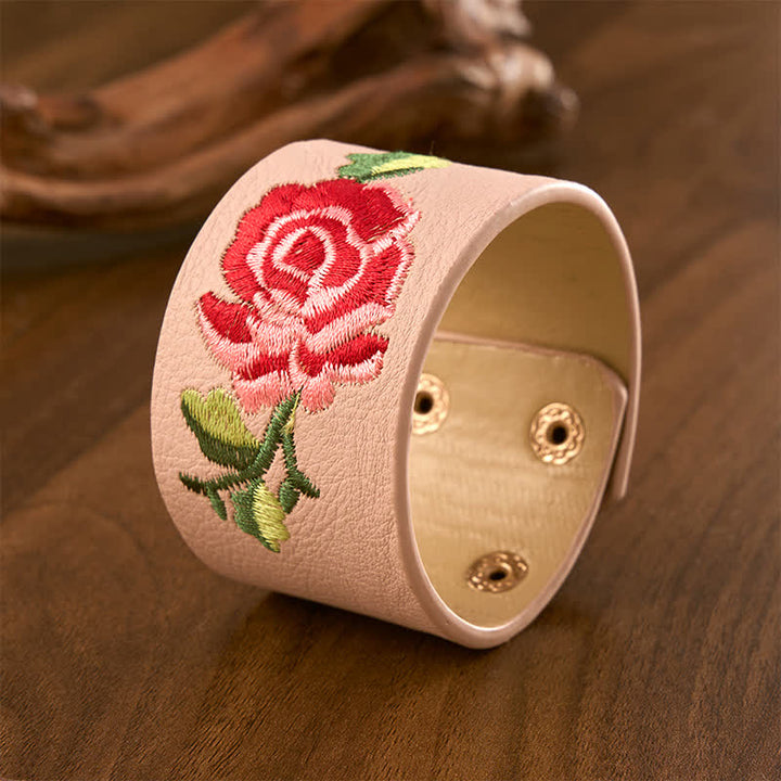 Buddha Stones Pulsera ancha de cuero con hebilla protectora bordada con rosas - image 9