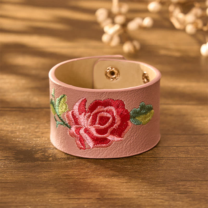 Buddha Stones Pulsera ancha de cuero con hebilla protectora bordada con rosas - image 15