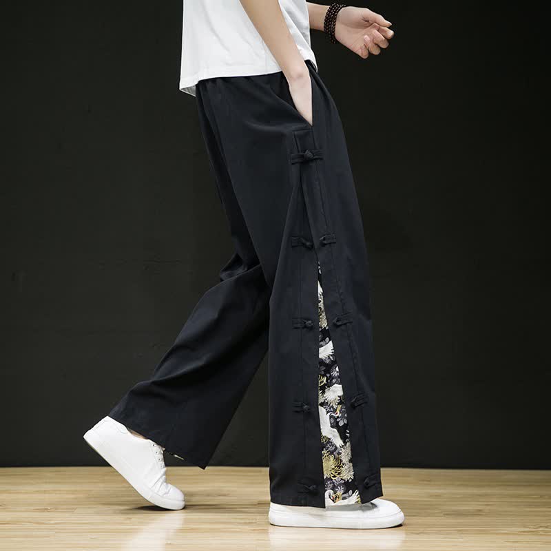 Buddha Stones Pantalones largos de pierna recta para hombre, estilo Tang, con aberturas laterales, estilo casual de primavera/verano, con bolsillos. - Negro - US/UK/AU46, EU56 (5XL) - image 0