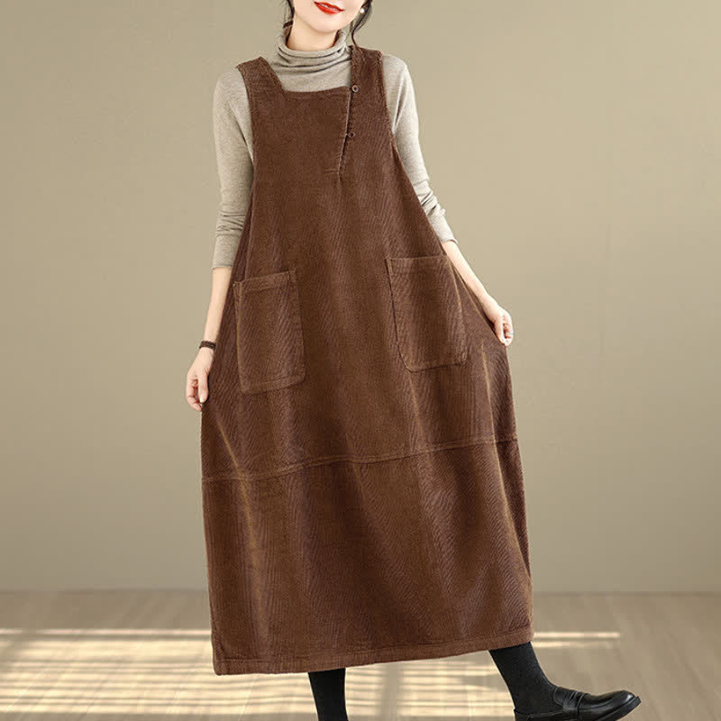 Buddha Stones Vestido de invierno vintage para mujer, liso, de cuello redondo y sin mangas, con bolsillos. - Marrón silla de montar - US8-10，UK/AU12-14，EU40-42 (2XL) - image 0