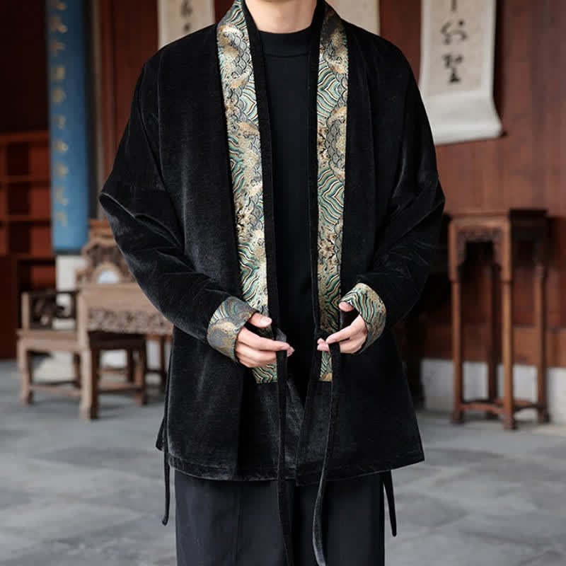 Buddha Stones Kimono de hombre estilo Tang vintage con cordón ajustable y ribete ondulado, ideal para otoño/invierno. - image 1