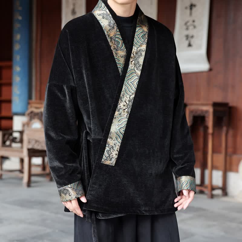 Buddha Stones Kimono de hombre estilo Tang vintage con cordón ajustable y ribete ondulado, ideal para otoño/invierno. - Negro - US/UK/AU46, EU56 (5XL) - image 0