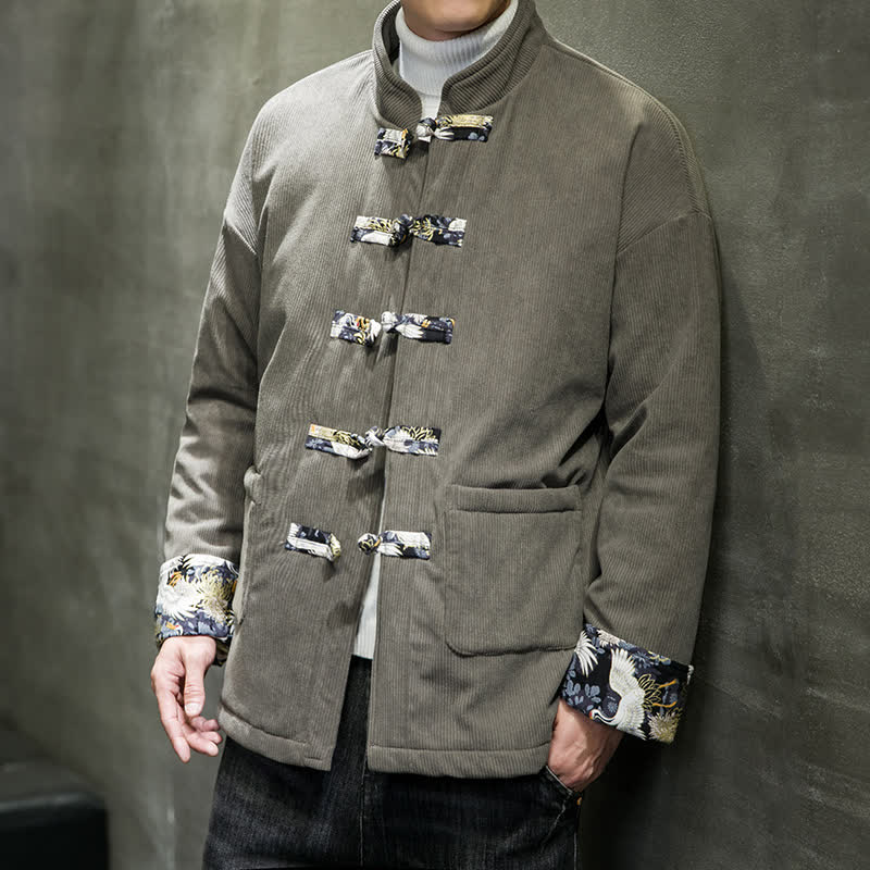Buddha Stones Chaqueta de hombre blanca lisa con cuello mandarín, estilo casual de otoño/invierno, con bolsillos y estampado de grullas. - Gris pizarra - US/UK/AU46, EU56 (5XL) - image 0