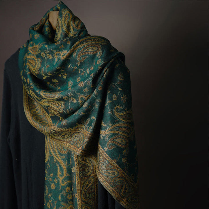 Chal con borlas y estampado de flores de anacardo tibetano con Buddha Stones para otoño e invierno, bufanda suave - Verde oscuro - image 0