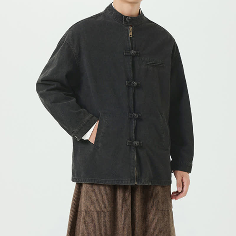 Buddha Stones Chaqueta de hombre de estilo vintage informal para otoño/invierno con cuello mandarín, botones de rana, cremallera y diseño liso, con bolsillos. - image 1