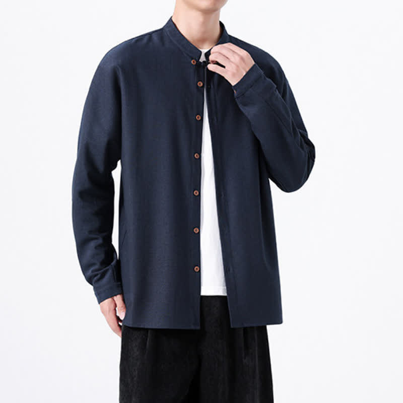 Buddha Stones Camisas de manga larga para hombre, estilo Tang, informales, con botones, de color liso, para primavera. - image 1