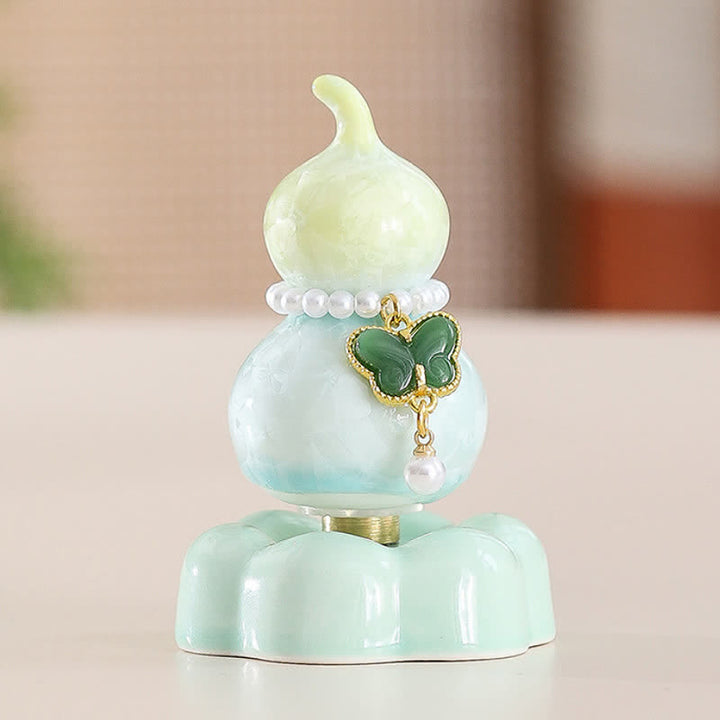 Buddha Stones Decoración giratoria de cerámica con forma de calabaza mariposa para un estilo de vida consciente. - Calabaza amarilla + Mariposa verde oscuro + Base verde - image 13