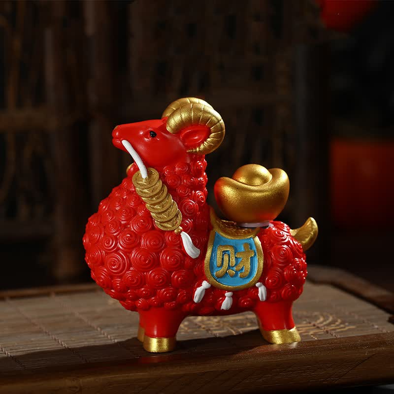 Buddha Stones Bolsa de la fortuna de cabra y oveja de resina con forma de calabaza y caqui, adorno de escritorio con forma de animalito adorable. - Lingote de oro rojo - image 0