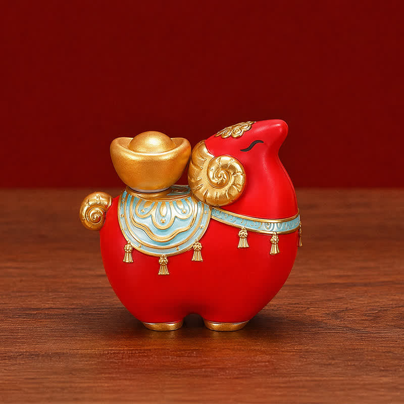 Buddha Stones Figura de resina con forma de cabra o oveja del zodíaco chino, lingote de calabaza, moneda de cobre, bolsa de la fortuna, figura de prosperidad, linda decoración de animales - Oveja roja de buen augurio - image 1