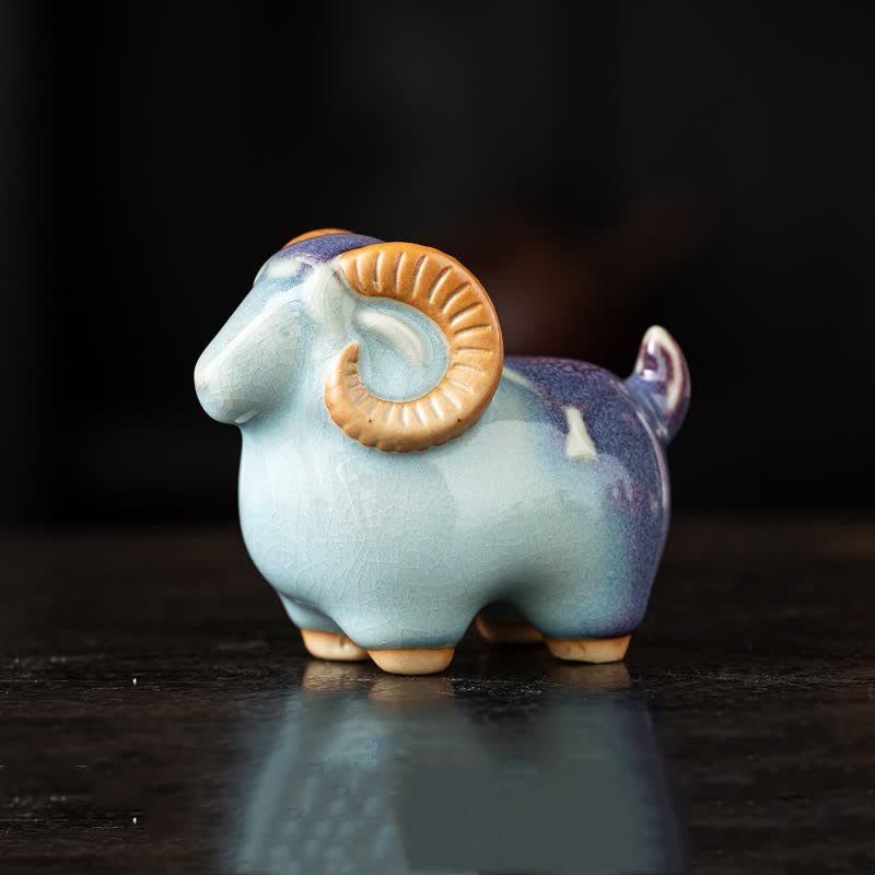 Buddha Stones Cabra carnero de cerámica, figura auspiciosa para decoración de mesa con animales adorables - Azul Aprox. 10,0 cm × 5,6 cm × 8,2 cm - image 5