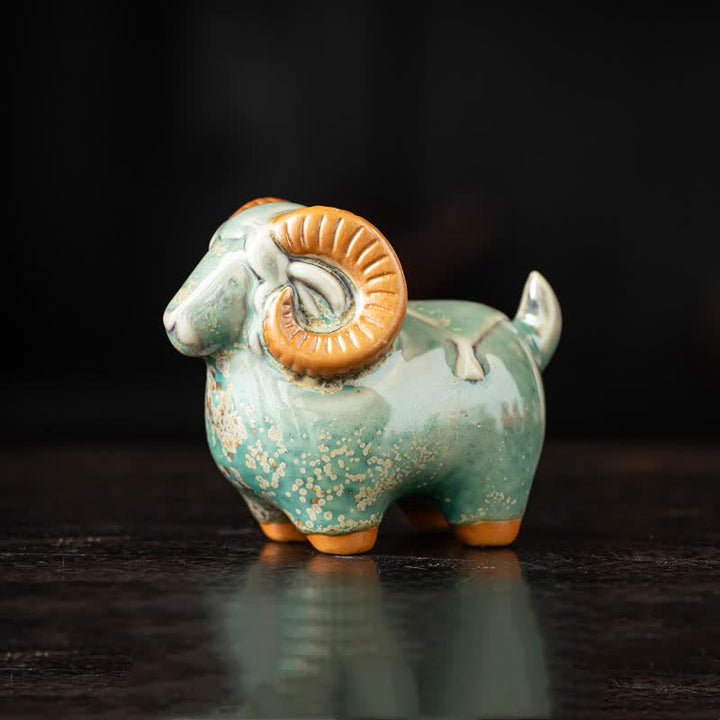 Buddha Stones Cabra carnero de cerámica, figura auspiciosa para decoración de mesa con animales adorables - Verde Aprox. 10,0 cm × 5,6 cm × 8,2 cm - image 3
