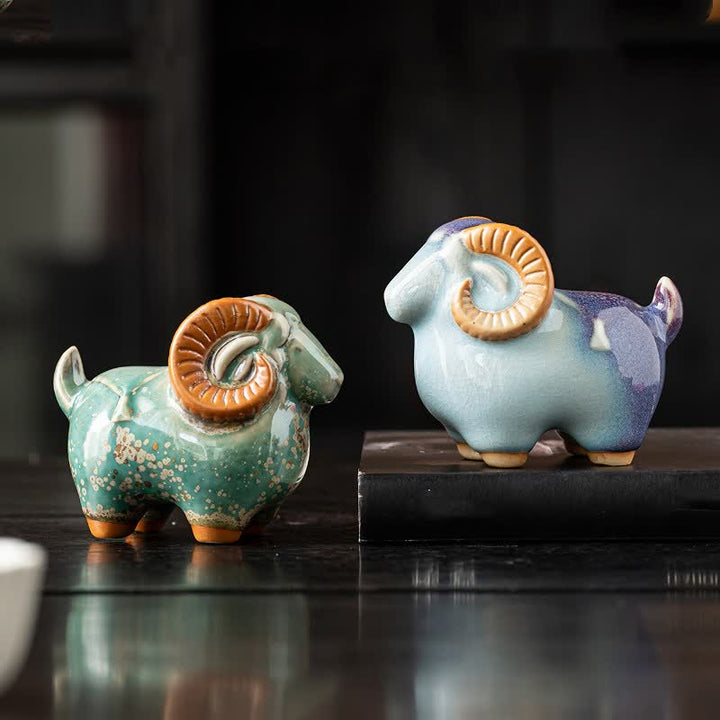Buddha Stones Cabra carnero de cerámica, figura auspiciosa para decoración de mesa con animales adorables - image 0