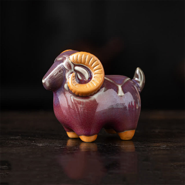 Buddha Stones Cabra carnero de cerámica, figura auspiciosa para decoración de mesa con animales adorables - Morado Aprox. 10,0 cm × 5,6 cm × 8,2 cm - image 1
