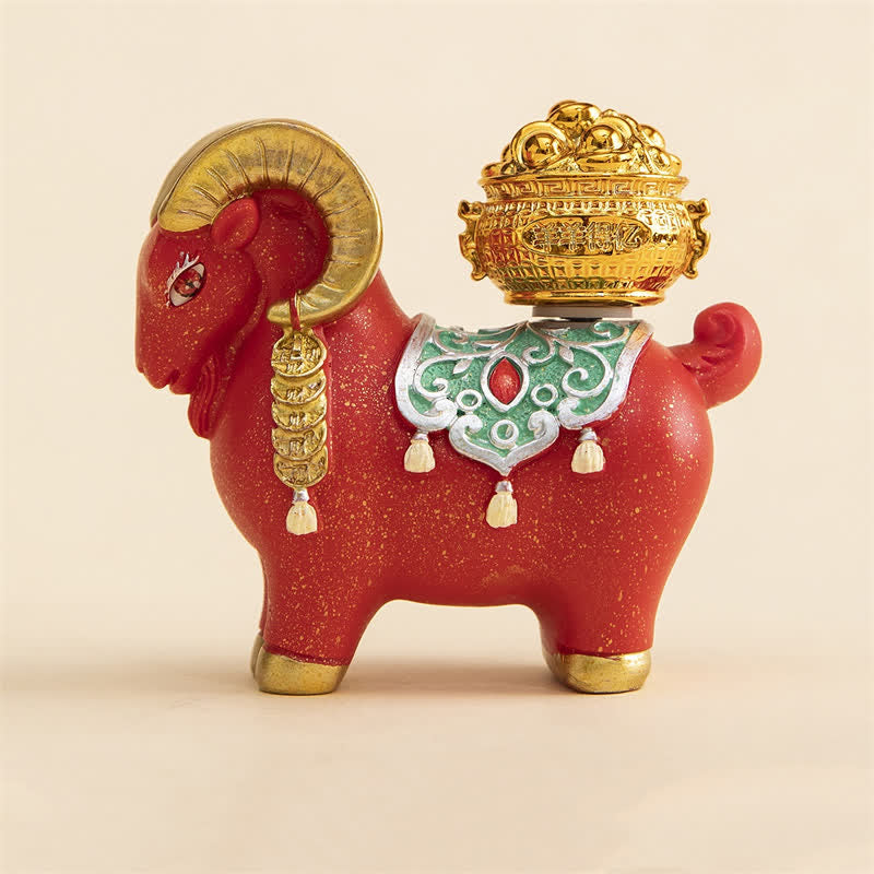 Buddha Stones Cabra y oveja del zodiaco de resina con bolsa de la fortuna para la buena suerte. Decoración de animales adorables. - Oveja de la Prosperidad - Roja - image 1