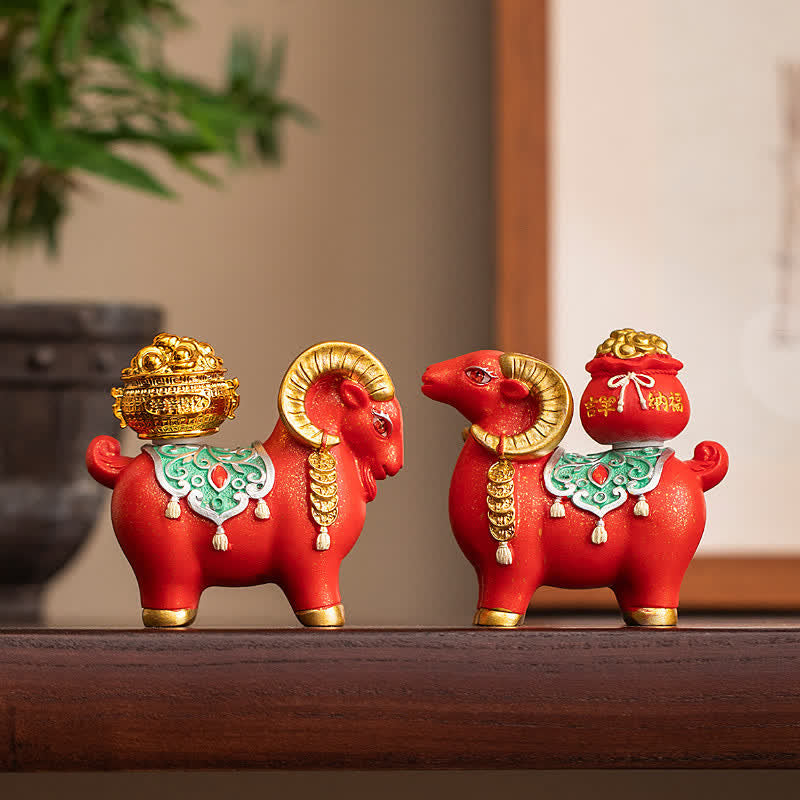 Buddha Stones Cabra y oveja del zodiaco de resina con bolsa de la fortuna para la buena suerte. Decoración de animales adorables. - image 0