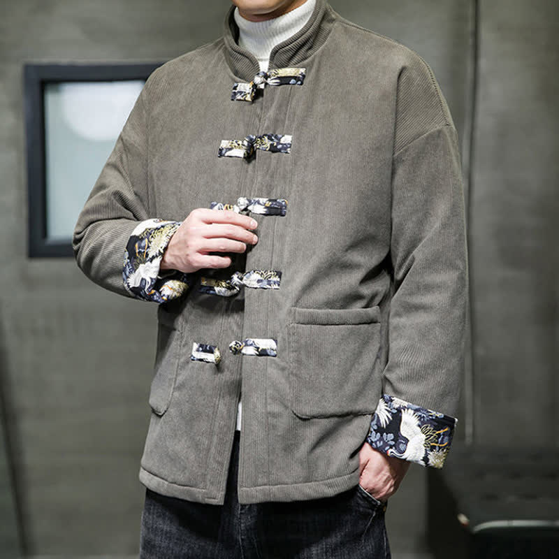 Buddha Stones Chaqueta de hombre blanca lisa con cuello mandarín, estilo casual de otoño/invierno, con bolsillos y estampado de grullas. - image 1